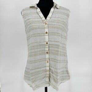 Ellen Tracy Beige Striped 100% Linen Sleeveless Gold‎ Button Up Top Chic Medium